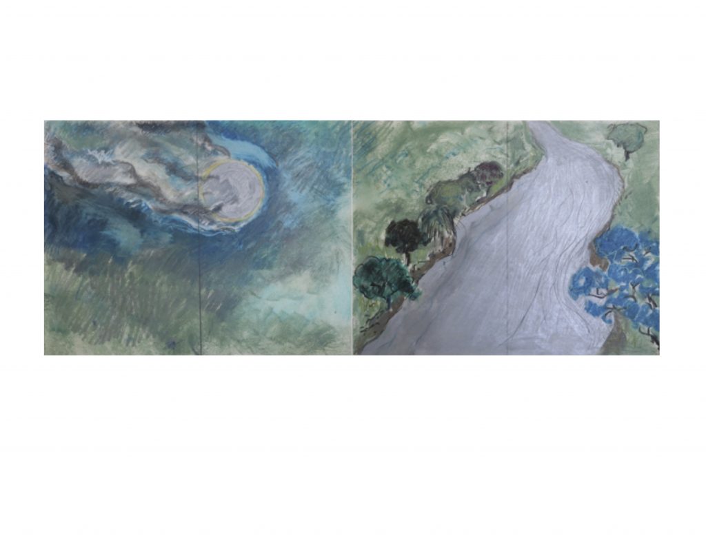 Diptych, Study for Landscape with Moon, Jan 28, 1982, pencil and pastel on paper, 21.5 x 27.9 cm
