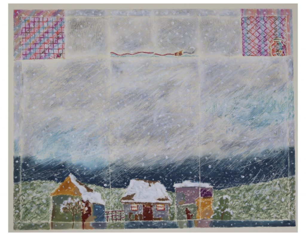 Winter storm with studio windows, May 12, 2018, pencil, graphite and oil pastel on museum board, 46 x 36 cm