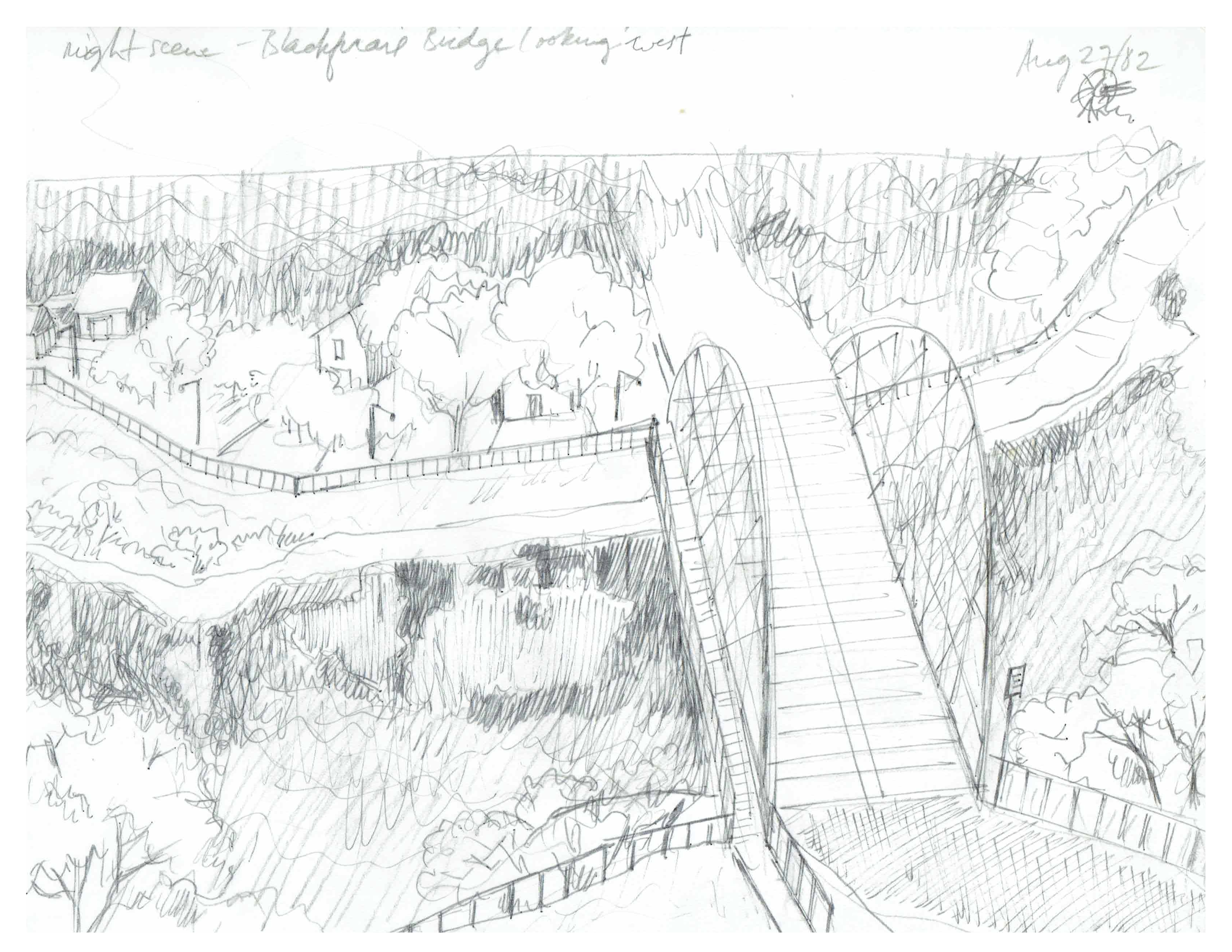 Night scene - Blackfriars Bridge looking west, Aug 27,1982, ink on paper, 21.6 cm x 28 cm